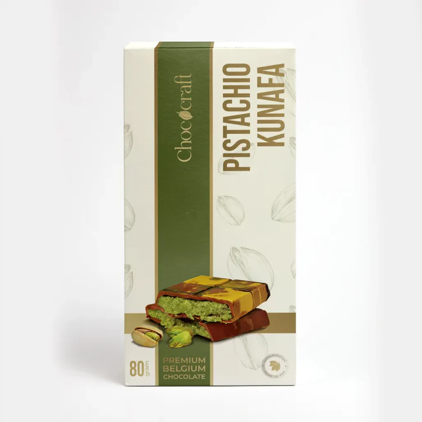 “Chococraft Pistachio Kunafa Chocolate bar with Belgian chocolate, crispy kunafa pastry, and premium pistachios – buy Pistachio chocolates online Dubai”
