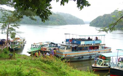 Boating experience in Thekkady featuring tourists enjoying a scenic boat ride through Periyar Lake surrounded by lush forests and wildlife.