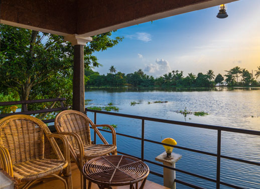 Guests enjoying a scenic river cruise in Alleppey, gliding through tranquil backwaters with views of lush greenery and traditional village life.